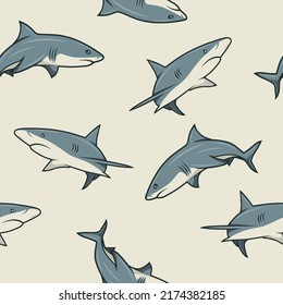 Patrón sin vectores con tiburones de dibujos animados. Textura sin mangas con tiburones blancos dibujados a mano con contorno. Ocean Predator. Marines, Océanos, Animales Marinos. Diseño de caracteres de tiburón para impresión textil, de papel tapiz