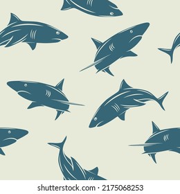 Vector Seamless Pattern With Cartoon Sharks Silhouette. Seamless Texture With Cutout Sharks. Ocean Predator. Marine, Ocean, Sea Animals. Shark Character Design For Textile, Wallpaper Print