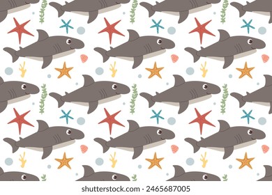 Vector Seamless Pattern with Cartoon Sharks. Seamless Texture with Hand Drawn White Sharks with Contour. Ocean Predator. Marine, Ocean, Sea Animals. Shark Character Design for Textile, Wallpaper Print