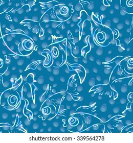 Vector seamless pattern with cartoon silhouette of fishes and air bubbles. For your design, textile, fabric, surface textures, packaging, scrapbooking.