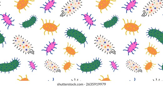 Vector seamless pattern with cartoon simple unicellular organisms, bacteria and viruses. Medicine background with microorganisms under a microscope. Hand drawn pattern for prints, textile