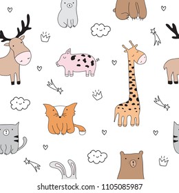 Vector seamless pattern. Cartoon sketch illustration with cute doodle animals. Perfect for postcard, Valentine's day, birthday, baby book, children room. Giraffe, bear, rabbit, cat, fox, elk