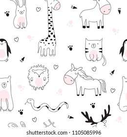 Vector seamless pattern. Cartoon sketch illustration with cute doodle animals. Perfect for postcard, Valentine's day, birthday, baby book, children room. Giraffe, bear, penguin, rabbit, cat, hedgehog