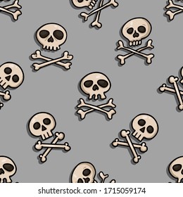 Vector Seamless Pattern of Cartoon Skulls on Gray Background