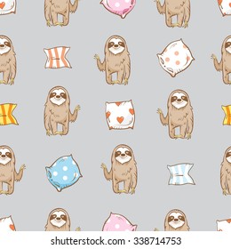 Vector seamless pattern with cartoon  sloth  and pillows on gray  background.