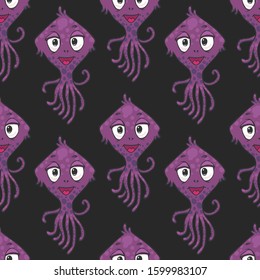 Vector seamless pattern with cartoon smiling octopus