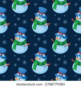 Patrón sin fisuras de Vector con muñeco de nieve de dibujos animados sobre fondo oscuro.