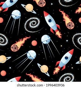 Vector seamless pattern with cartoon space objects on black background