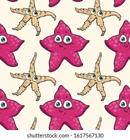 Vector seamless pattern with cartoon starfish on white background