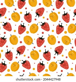 patrón vectorial sin fisuras con fresas de dibujos animados y albaricoques. se puede utilizar como papel tapiz, afiche, imprenta para ropa, telas, textiles, cuadernos, papel de embalaje. fondo de comida.