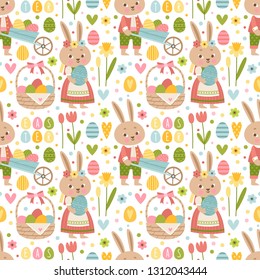 Vector seamless pattern in cartoon style with Easter eggs and characters. Easter bunnies, eggs, spring flowers and other elements.