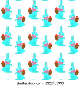 Vector seamless pattern in cartoon style with Easter eggs and characters. Easter bunnies