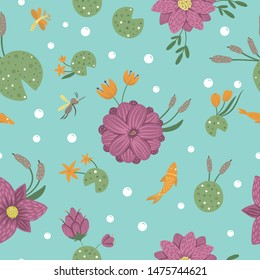 Vector seamless pattern of cartoon style flat funny waterlily, dragonfly, mosquito, reed on blue background. Cute repeat texture with woodland swamp theme. Ornament for children’s design.