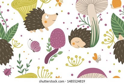 Vector seamless pattern of cartoon style hand drawn flat hedgehogs in different poses. Repeat background of funny autumn scenes with prickly animal. Cute woodland animalistic illustration for children
