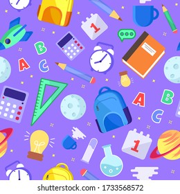 Vector seamless pattern in cartoon style with school objects. Pattern with a globe, books, rulers, pencils, buttons and other objects. Back to school. Conceptual background.
