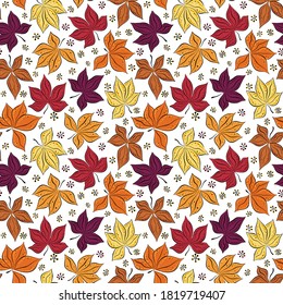 Vector seamless pattern in cartoon style and hand drawing with yellow, orange, red and purple autumn leaves and berries - abstract background for wrapping paper, wallpaper, banners and illustrations.