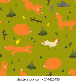 Vector seamless pattern in cartoon style with fox, mouse and cock.