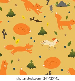 Vector seamless pattern in cartoon style with fox, mouse and cock.