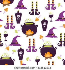 Vector seamless pattern in cartoon style for Halloween. Bright illustrations in traditional colors for the holiday candy, pumpkins, witches, ghosts, poison, zombies and skeletons