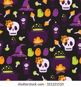 Vector seamless pattern in cartoon style for Halloween. Bright illustrations in traditional colors for the holiday candy, pumpkins, witches, ghosts, poison, zombies and skeletons