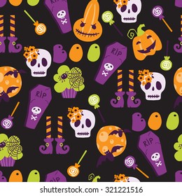 Vector seamless pattern in cartoon style for Halloween. Bright illustrations in traditional colors for the holiday candy, pumpkins, witches, ghosts, poison, zombies and skeletons