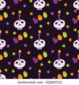 Vector seamless pattern in cartoon style for Halloween. Bright illustrations in traditional colors for the holiday candy, pumpkins, witches, ghosts, poison, zombies and skeletons