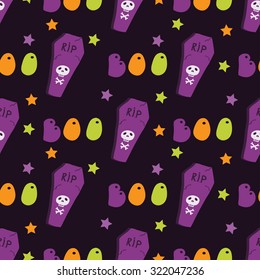 Vector seamless pattern in cartoon style for Halloween. Bright illustrations in traditional colors for the holiday candy, pumpkins, witches, ghosts, poison, zombies and skeletons