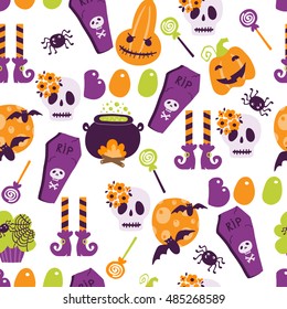 Vector seamless pattern in cartoon style for Halloween. Bright illustrations in traditional colors for the holiday