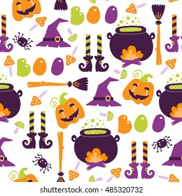 Vector seamless pattern in cartoon style for Halloween. Bright illustrations in traditional colors for the holiday candy, pumpkins, witches, ghosts, poison, zombies and skeletons