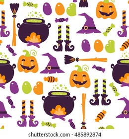 Vector seamless pattern in cartoon style for Halloween. Bright illustrations in traditional colors for the holiday candy, pumpkins, witches, ghosts, poison, zombies and skeletons