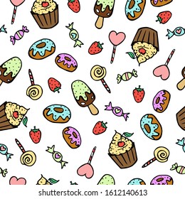 vector seamless pattern with cartoon sweets on a white background. doughnuts, strawberries, cupcakes, candy, lollipops, ice cream. can be used in the design of children's things, packaging paper