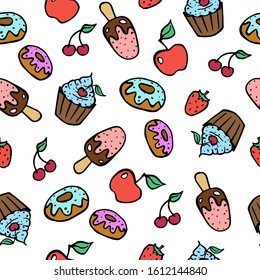 vector seamless pattern with cartoon sweets on a white background. doughnuts, ice cream, apple, cherry, strawberry, cupcakes. can be used for the design of pastry shops, restaurants, packaging paper 