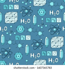 Vector seamless pattern with cartoon symbols of chemistry on blue background. Pattern on the theme of science and education
