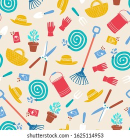 Vector seamless pattern with cartoon symbols of garden, gardening tools, agriculture, equipment on beige background
