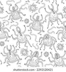 Vector seamless pattern. Cartoon tick, borrelia bacillus and a tick-borne encephalitis virus 