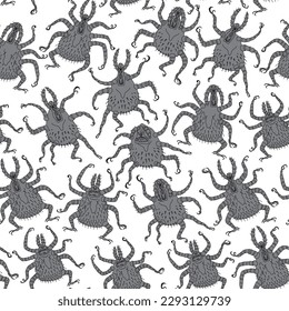 Vector seamless pattern. Cartoon tick monsters on a white background 