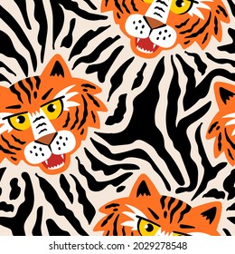 Vector seamless pattern with cartoon tigers. Colorful background on the theme of animals, nature, wildlife