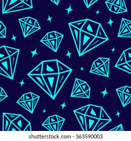 Vector seamless pattern of cartoon turquoise diamonds on dark-blue background