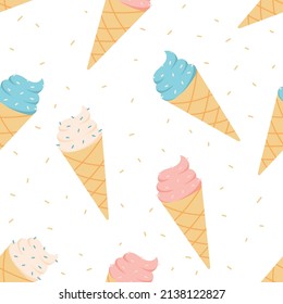 Vector seamless pattern with cartoon vanilla ice cream cones.