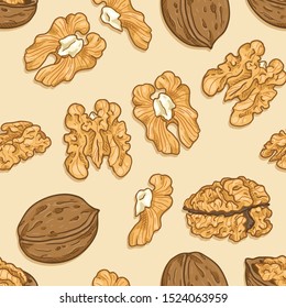 Vector Seamless Pattern of Cartoon Walnuts on Light Brown Background