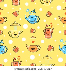 Vector seamless pattern with cartoon ware. Anthropomorphous teapots and cups on  yellow background.