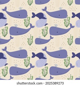 Vector seamless pattern with cartoon whales and seaweed. Marine pattern for fabric, textile and packaging. Kids cartoon ocean print