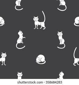 Vector seamless pattern with cartoon white cats on  gray  background.