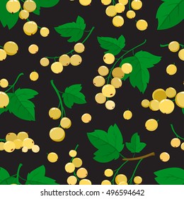 Vector seamless pattern with cartoon white currant berries with green leaves isolated on black. Bright berries branch. Cute illustration used for magazine or book, poster, card, menu cover, web pages.
