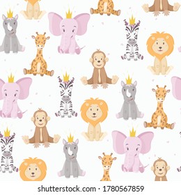 Vector seamless pattern with cartoon wild African multicolored animals.