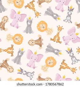 Vector seamless pattern with cartoon wild African multicolored animals.