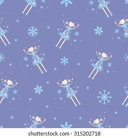 Vector seamless pattern with cartoon winter fairies in dresses from snowflakes on a lilac background.