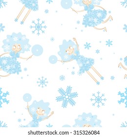 Vector seamless pattern with cartoon winter fairies in dresses from snowflakes on a white background.