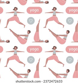 Vector seamless pattern with cartoon women doing yoga. Nice girls in different asanas. Female training wallpaper.