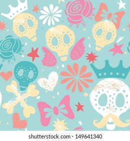 Vector seamless pattern "Cartoon wonderful  funny skulls" with stars, crowns, bows and flowers.